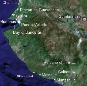 Mexican Riviera map - Rincon To Manzanillo, Colima Volcano