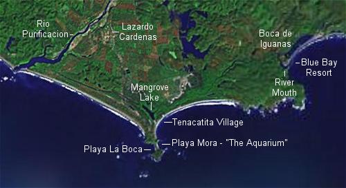 Tenacatita beach map, including snorkeling beach at Playa Mora